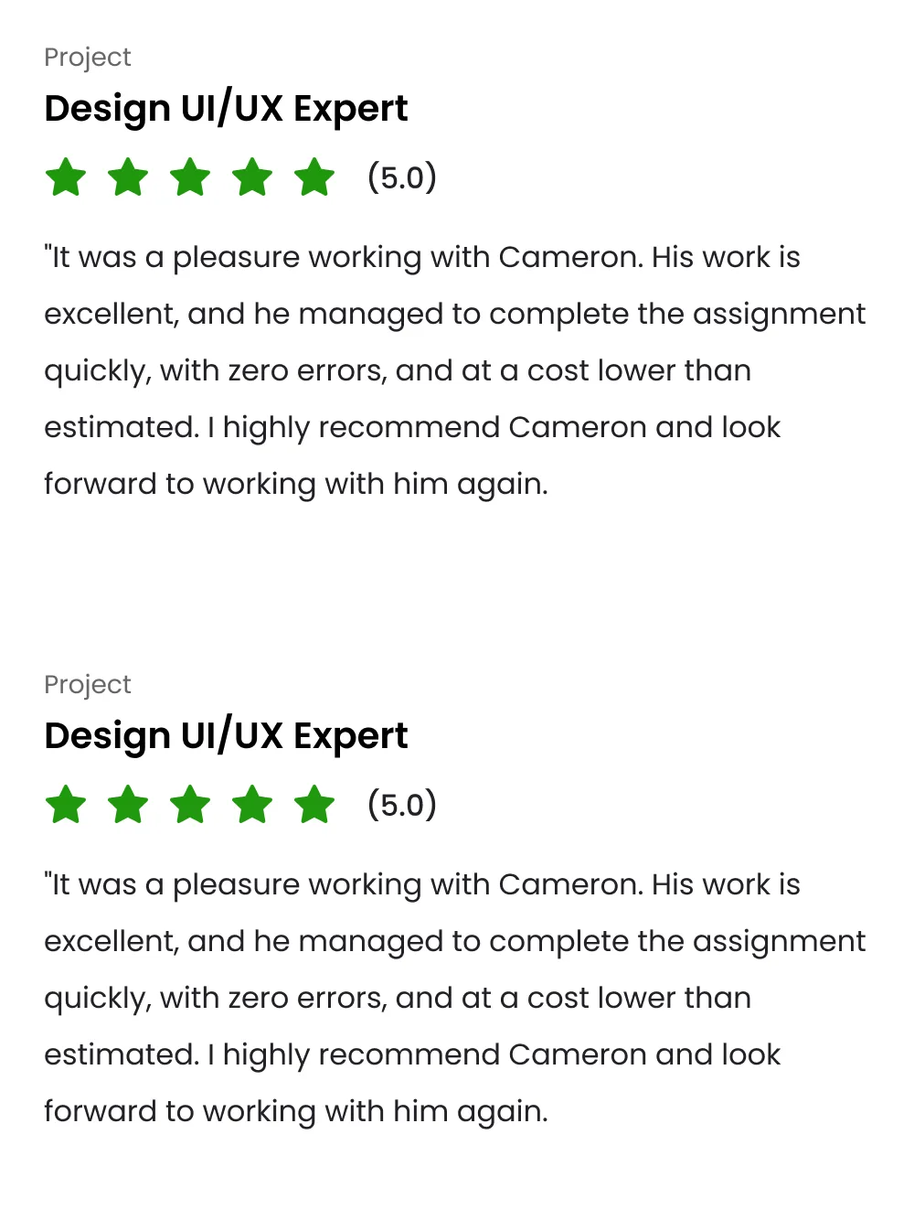 Upwork client review — Project: Design UI/UX Expert, 5.0 rating