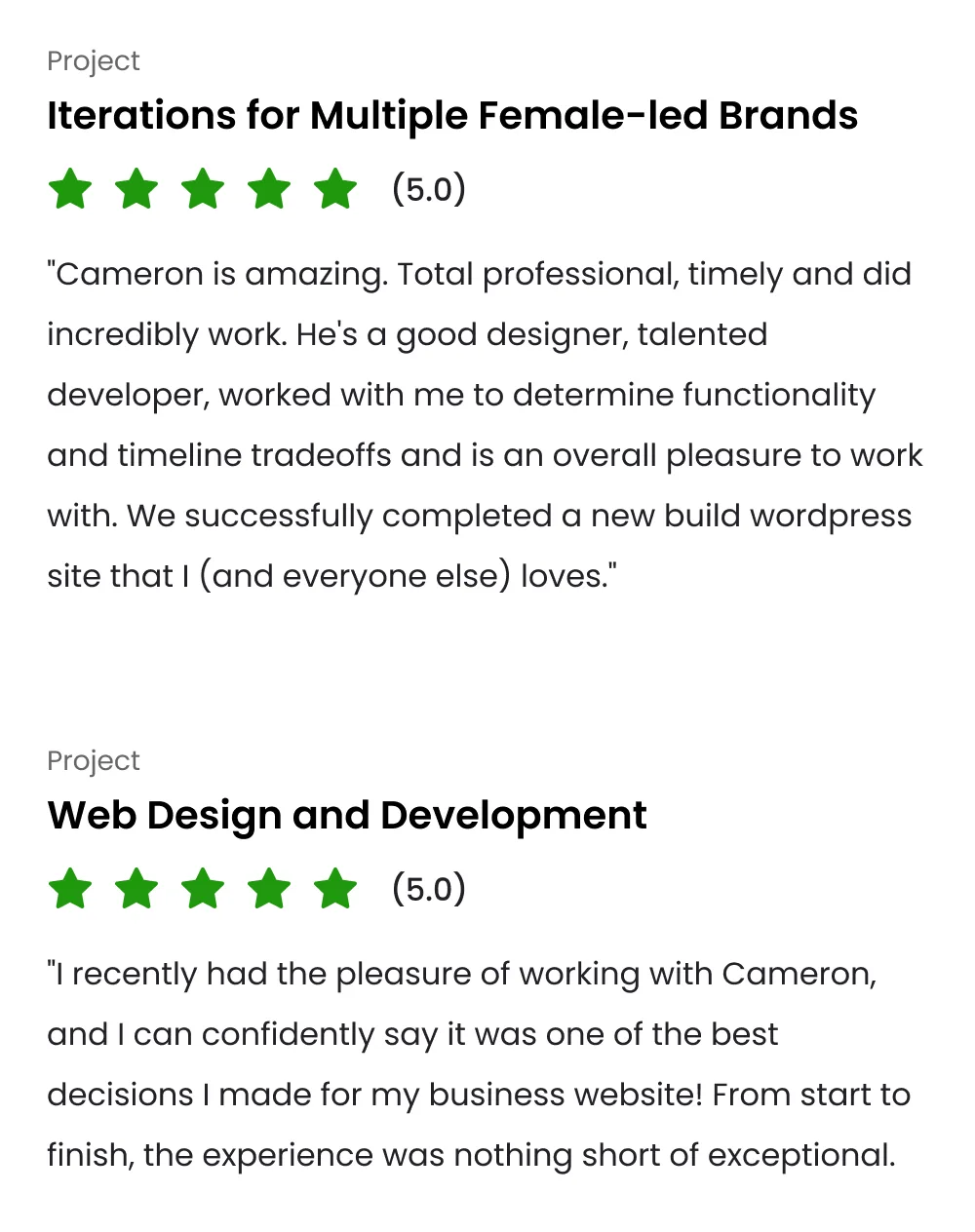 Upwork client review — Project: Web Design and Development, 5.0 rating