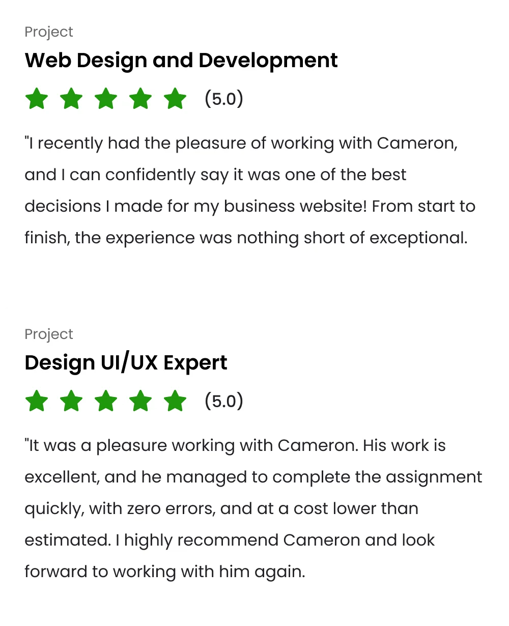 Upwork client review — Project: Iterations for Multiple Female-led Brands, 5.0 rating